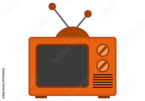 Televisión antigua naranja en fondo blanco.