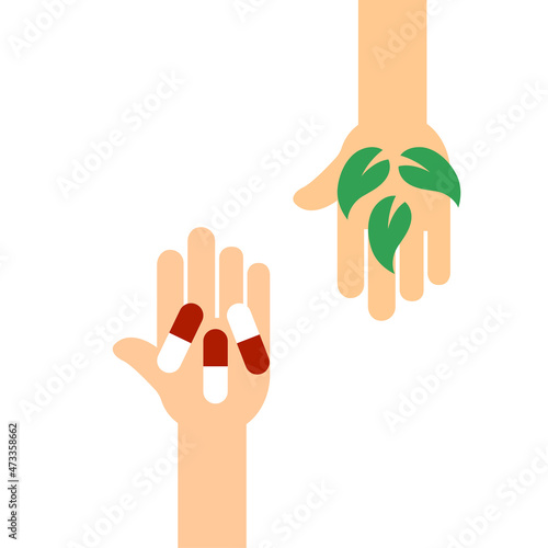 image of two palms, choice between medical and natural treatment, vector illustration