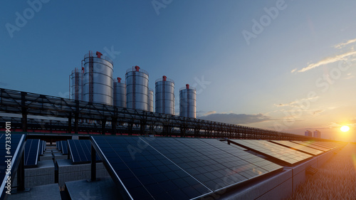 Silos and Solar Panels Separated by a Pipeline During the Sunset 3D Rendering