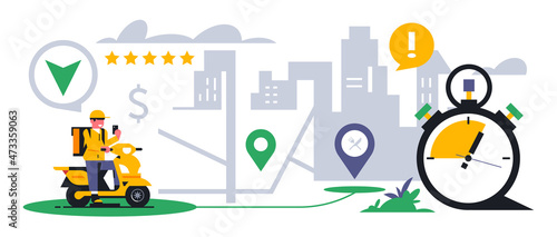 Online food delivery service to your home. A courier on a scooter carries food. Route to the delivery home. Five star rating, stopwatch, city, map, address, gps, sign. Vector illustration