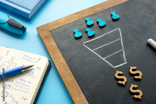 Marketing sales funnel on the blackboard and figurines. photo