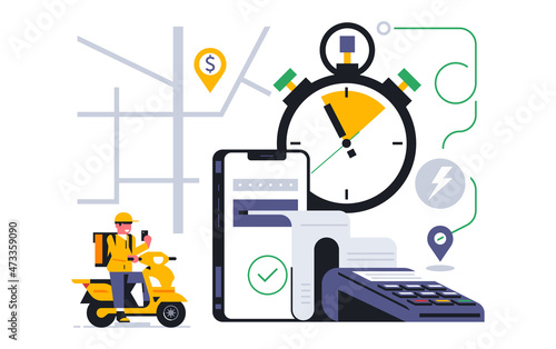 Online food delivery service to your home. The courier received an order for the delivery of food. Online payment was successful. Phone  pay  terminal  check  scooter  map  address.Vector illustration