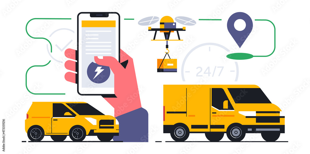 24-hour online delivery service for parcels and food home. Fast delivery order via mobile application. Hand, phone, app, screen, smart, drone, car, scooter, route, gps, van. Vector illustration 24-hour online delivery service for parcels and food home. Fast delivery order via mobile application. Hand, phone, app, screen, smart, drone, car, scooter, route, gps, van. Vector illustration