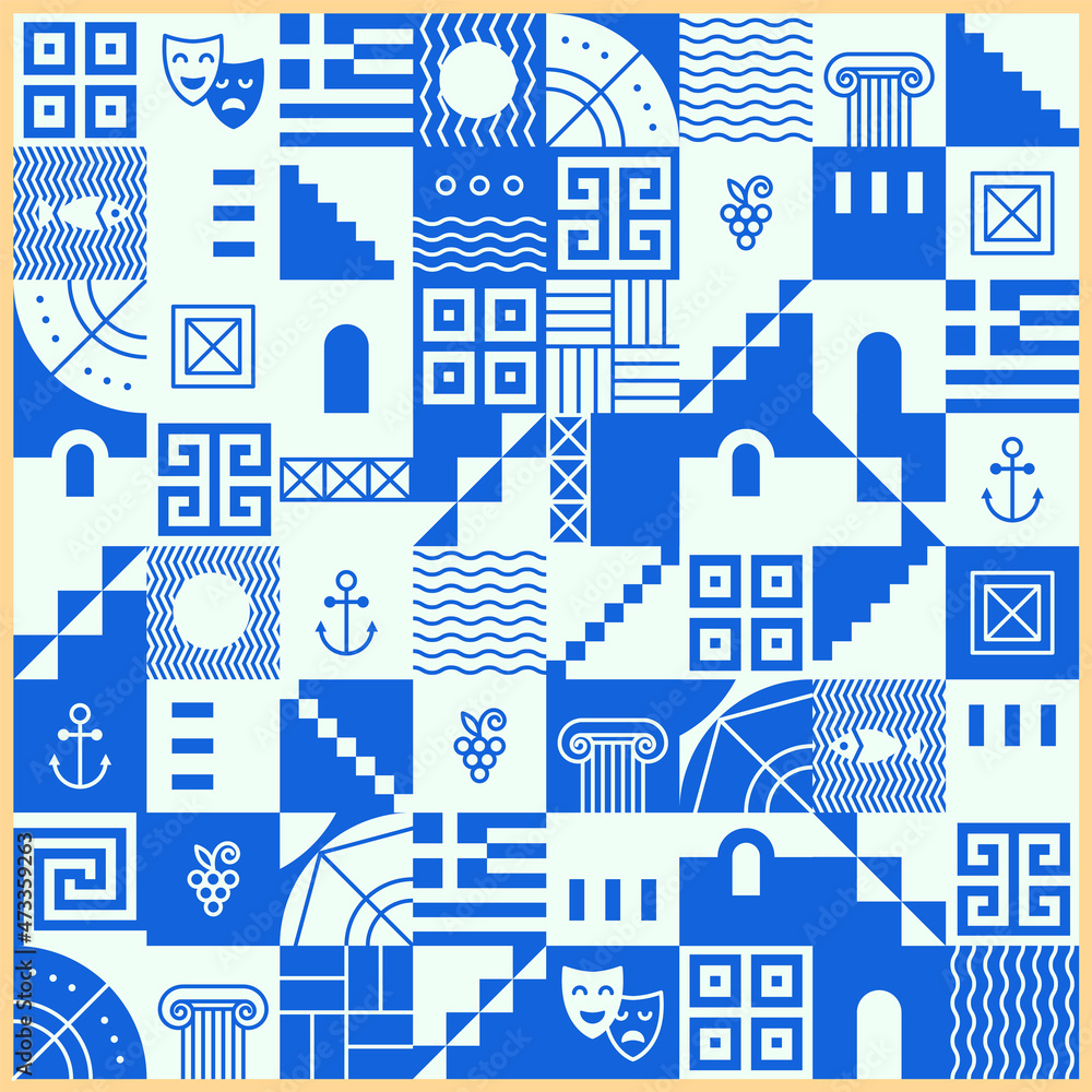 Fototapeta premium Greek pattern with square tiles, set of traditional symbols of Greece. Blue and white collection of travel icons, culture signs, city elements, simple combination of shapes and lines