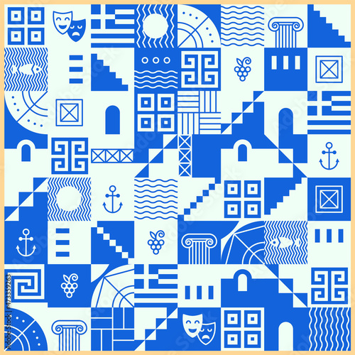 Greek pattern with square tiles, set of traditional symbols of Greece. Blue and white collection of travel icons, culture signs, city elements, simple combination of shapes and lines photo