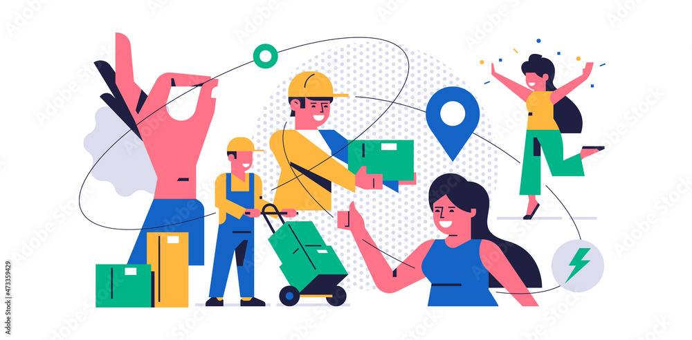 Online parcel delivery service concept. Online service for fast delivery of parcel to your home. Happy women and couriers with boxes of orders. Hand ok symbol, people, icons, lines. Flat illustration Online parcel delivery service concept. Online service for fast delivery of parcel to your home. Happy women and couriers with boxes of orders. Hand ok symbol, people, icons, lines. Flat illustration