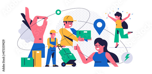 Online parcel delivery service concept. Online service for fast delivery of parcel to your home. Happy women and couriers with boxes of orders. Hand ok symbol, people, icons, lines. Flat illustration