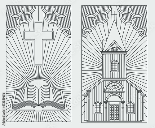 Linear drawing on a Christian theme on a white background. Church, bible, candles.