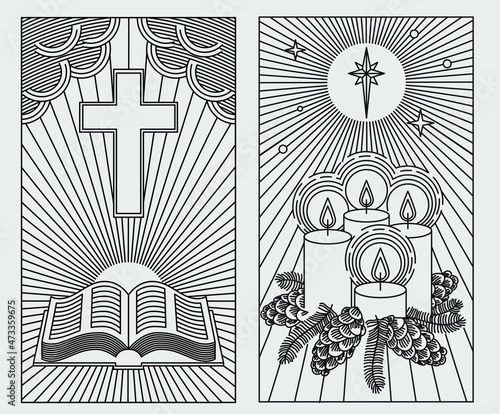 Linear drawing on a Christian theme on a white background. Church, bible, candles.