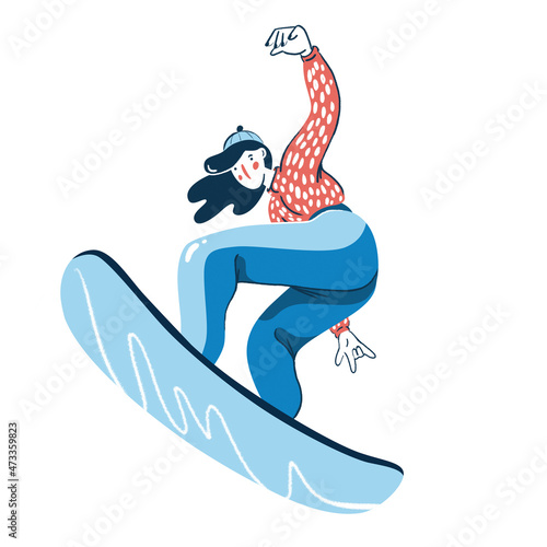Flat color illustration of a sport girl on snowboard