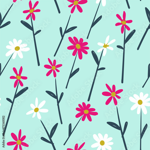 Simple vector seamless pattern with cute floral drawings. Chamomile plants. Wallpaper or background for printing on paper or fabric. Great ornament for the interior of a children s room