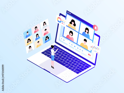 Online Meeting Isometric Illustration Light Gradient. Suitable for Mobile App, Website, Banner, Diagrams, Infographics, and Other Graphic Assets.