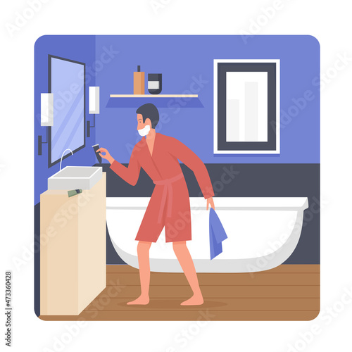 Man shaving and doing morning care routine in bathroom. Daily grooming of beard and male hair flat vector illustration
