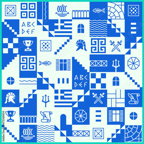 Greek pattern with square tiles, set of traditional symbols of ancient Greece. Blue seamless collection of geometric icons, culture signs, urban elements, military subjects, simple shapes and lines
