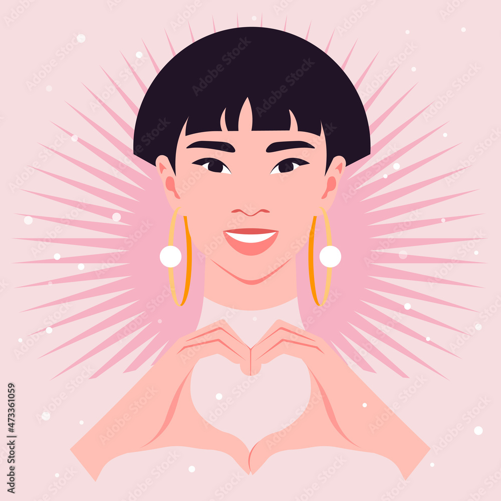 Obraz Happy Asian woman making a heart with her hands. Portrait of a young oriental fashion model. Love gesture. Avatar of a smiling teenager Vector flat illustration fototapeta, plakat