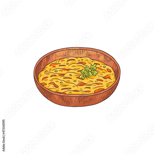 Turkish food menemen in bowl, colored sketch vector illustration isolated on white background.