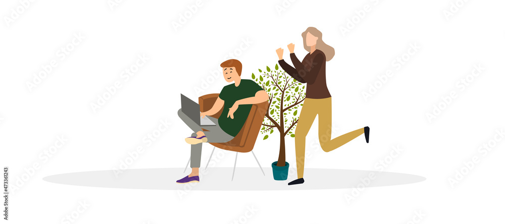 man sitting at laptop and working vector illustration