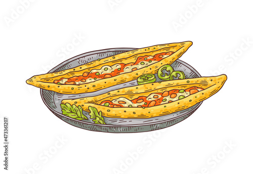 Hand drawn pide food in colored sketch style, vector illustration isolated on white background.