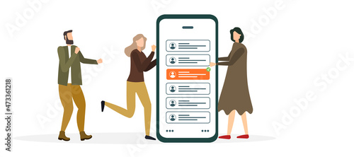 people chooses a contact on a smartphone, vector illustration