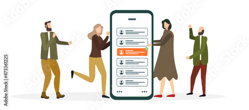 people chooses a contact on a smartphone, vector illustration