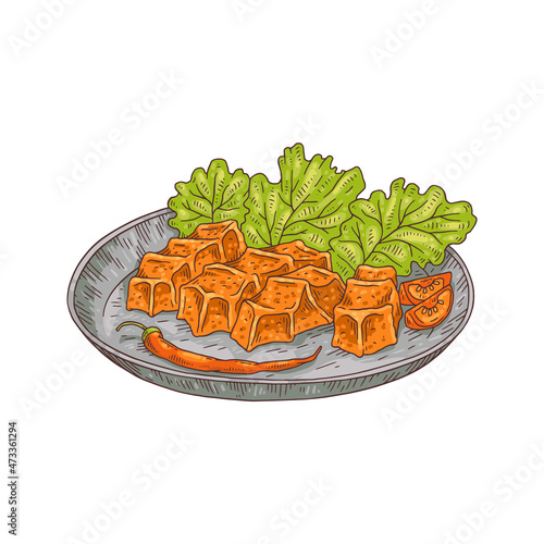 Turkish cuisine dish cig kofte in colored sketch style, vector illustration isolated on white background.