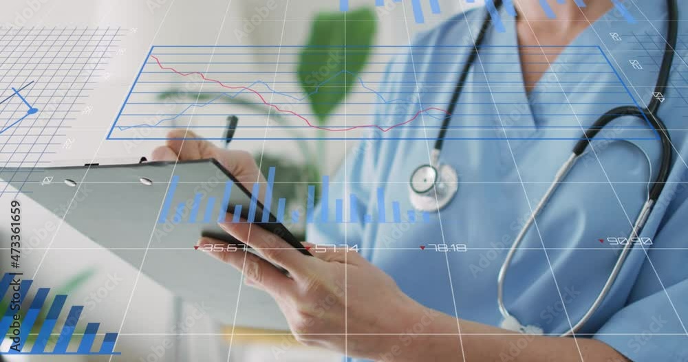 Animation of diagrams over caucasian female doctor with clipboard Animation of diagrams over caucasian female doctor with clipboard
