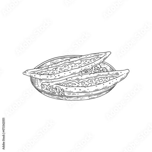 Turkish traditional dish pide in monochrome sketch style, vector illustration isolated on white background.