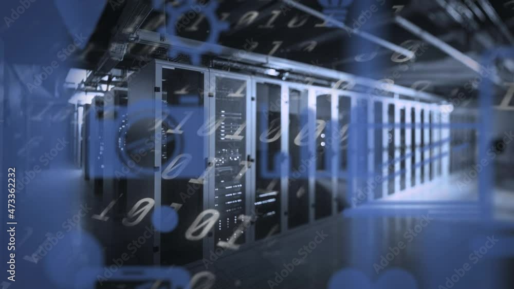 Animation of binary coding and media icons over server room Animation of binary coding and media icons over server room