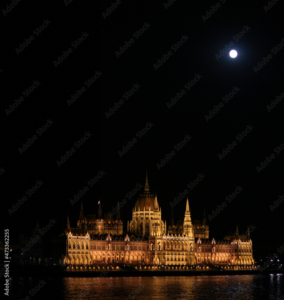 Famous Hungarian Parliament scenically illuminated at night
