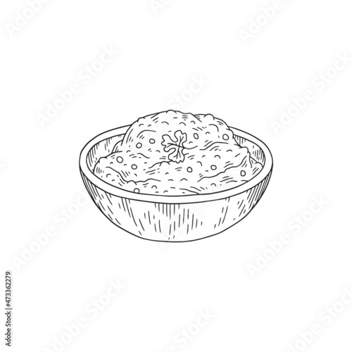 Hummus in bowl traditional middle east dip or snack, sketch vector illustration isolated on white background.