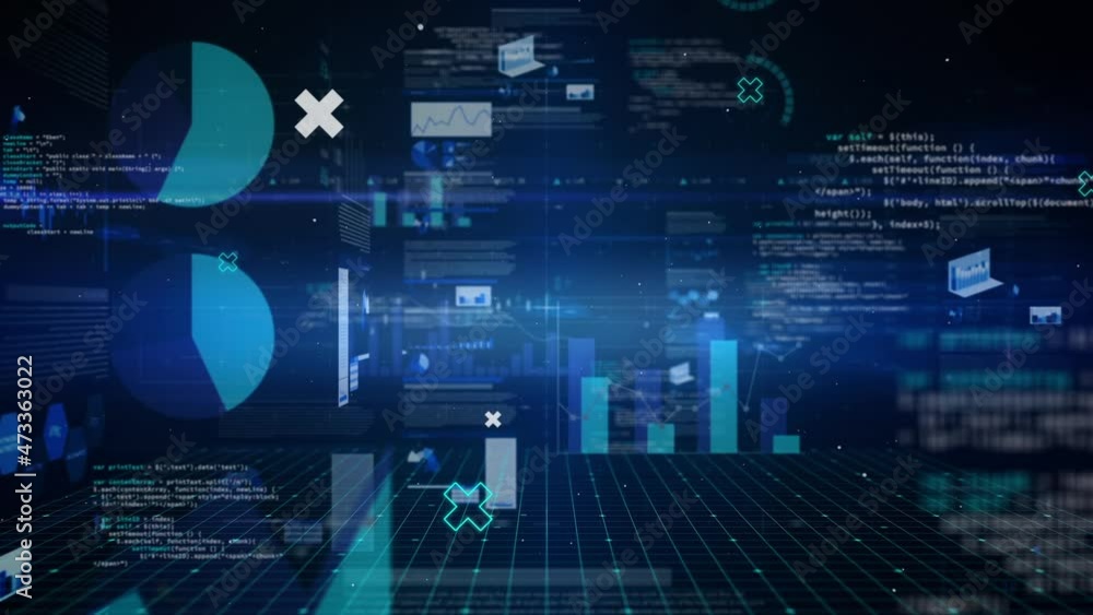 Animation of data processing and diagrams on black background Animation of data processing and diagrams on black background