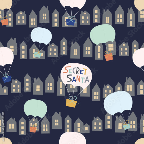 Secret Santa is delivering gift boxes. Vector pattern. Winter night, dark haus, light windows