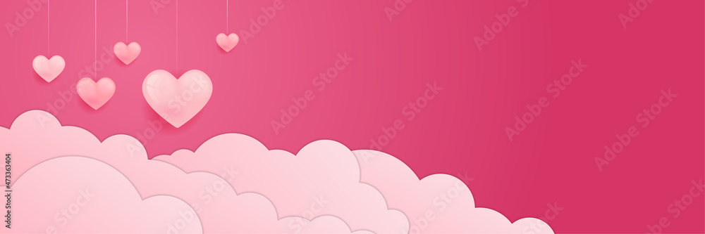 Red, pink and white hearts with golden confetti isolated on clouds background. Vector illustration. Paper cut decorations for Valentine's day design