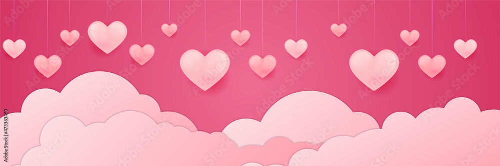 Red, pink and white hearts with golden confetti isolated on clouds background. Vector illustration. Paper cut decorations for Valentine's day design