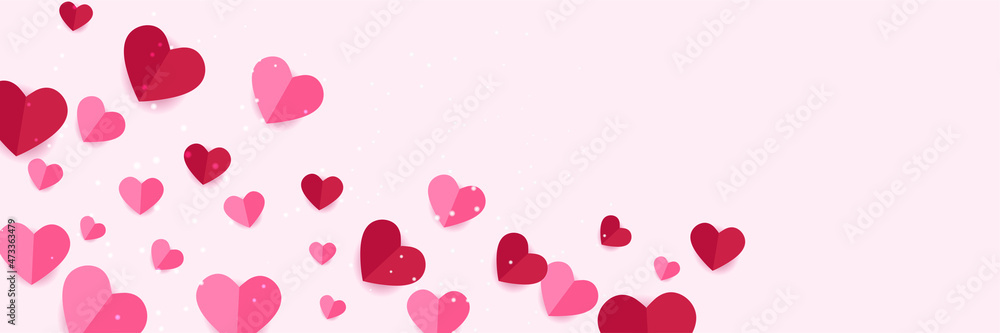 Happy Valentine's Day banner. Holiday background design with big heart made of pink, red Origami Hearts on black fabric background. Horizontal poster, flyer, greeting card, header for website