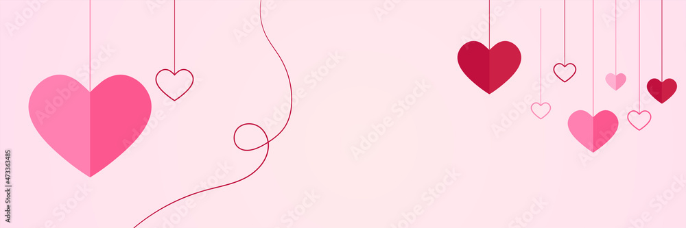 Continuous line heart shape border with realistic paper heart on white background for valentines, women, mother day greeting invitation graphic design
