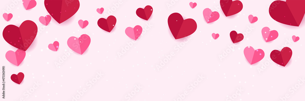 Happy Valentine's Day banner. Holiday background design with big heart made of pink, red Origami Hearts on black fabric background. Horizontal poster, flyer, greeting card, header for website Happy Valentine's Day banner. Holiday background design with big heart made of pink, red Origami Hearts on black fabric background. Horizontal poster, flyer, greeting card, header for website