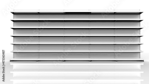 Set of white empty store shelves. Retail white shelf rack. Showcase display. Mockup template ready for your design. 3D rendering illustration. Isolated on white background. Gondola style.	 photo