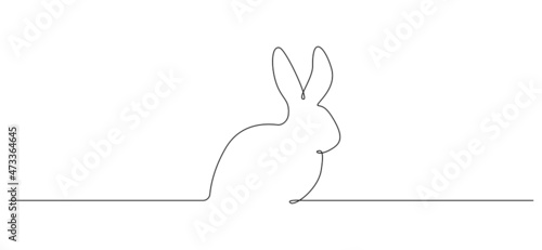 Continuous one line drawing of Easter Bunny. Fuffy rabbit silhouette with ears in simple linear style for spring design greeting card and web banner.Editable stroke. Doodle Vector illustration