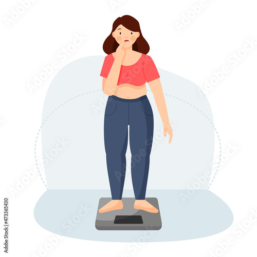Frustrated plump woman stands on the scales and thinks. Excess weight. 