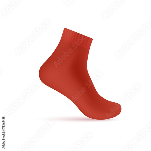 Red blank sock on invisible foot mockup, realistic vector illustration isolated.