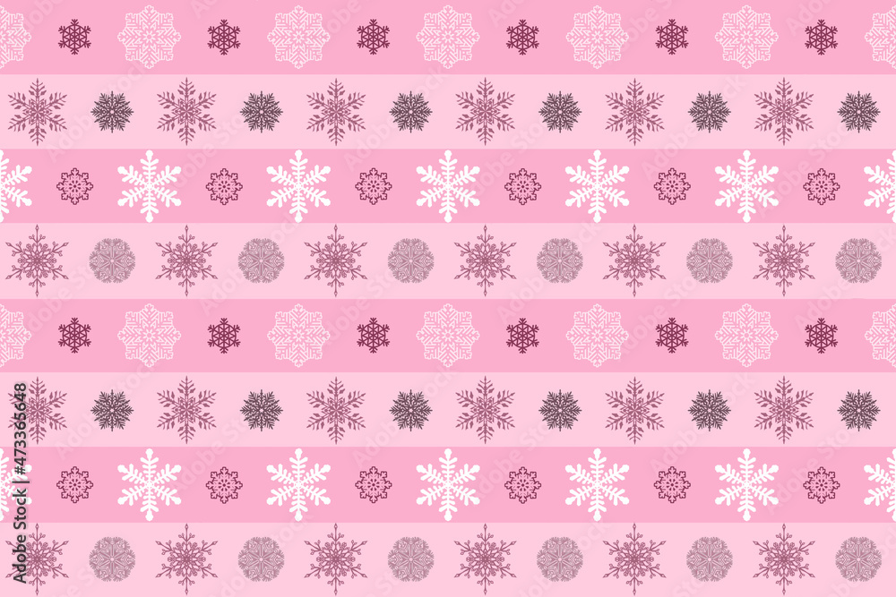 ピンクの縞にピンクや白などの雪の結晶模様