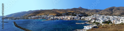 Superb panoramic view of the port of Tinos, a magnificent Cycladic island in the heart of the Aegean Sea, dominated by the Church of Panaghia Evangelistria