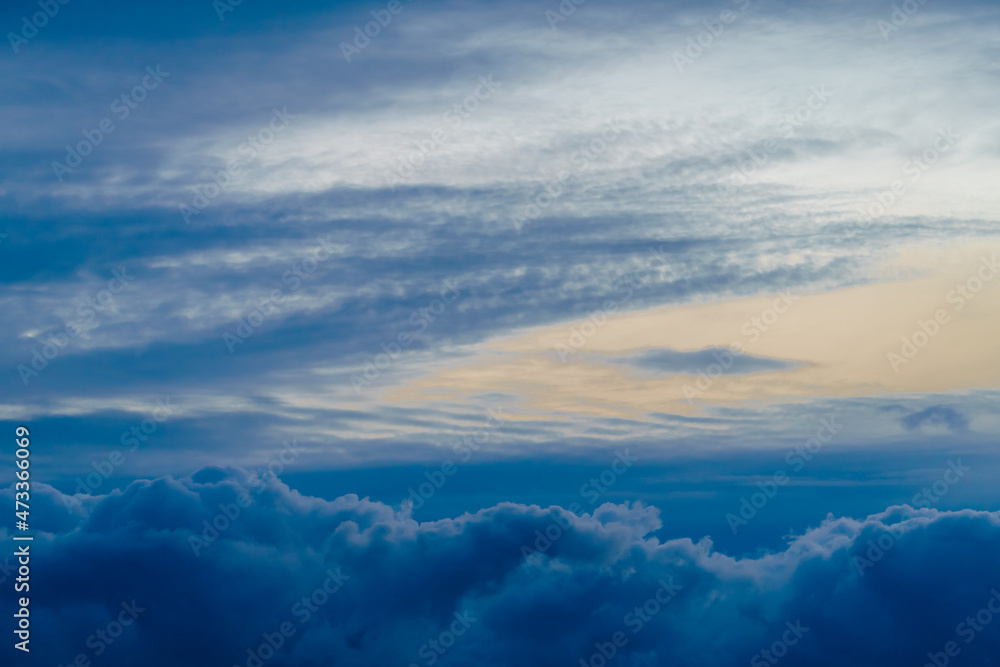 Panoramic view of bright blue sea, blue sky with fluffy white clouds