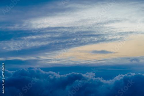 Panoramic view of bright blue sea, blue sky with fluffy white clouds