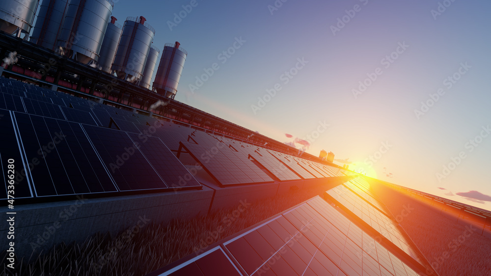 Fototapeta premium Tilted View of a Sunset Through the Solar Panels 3D Rendering