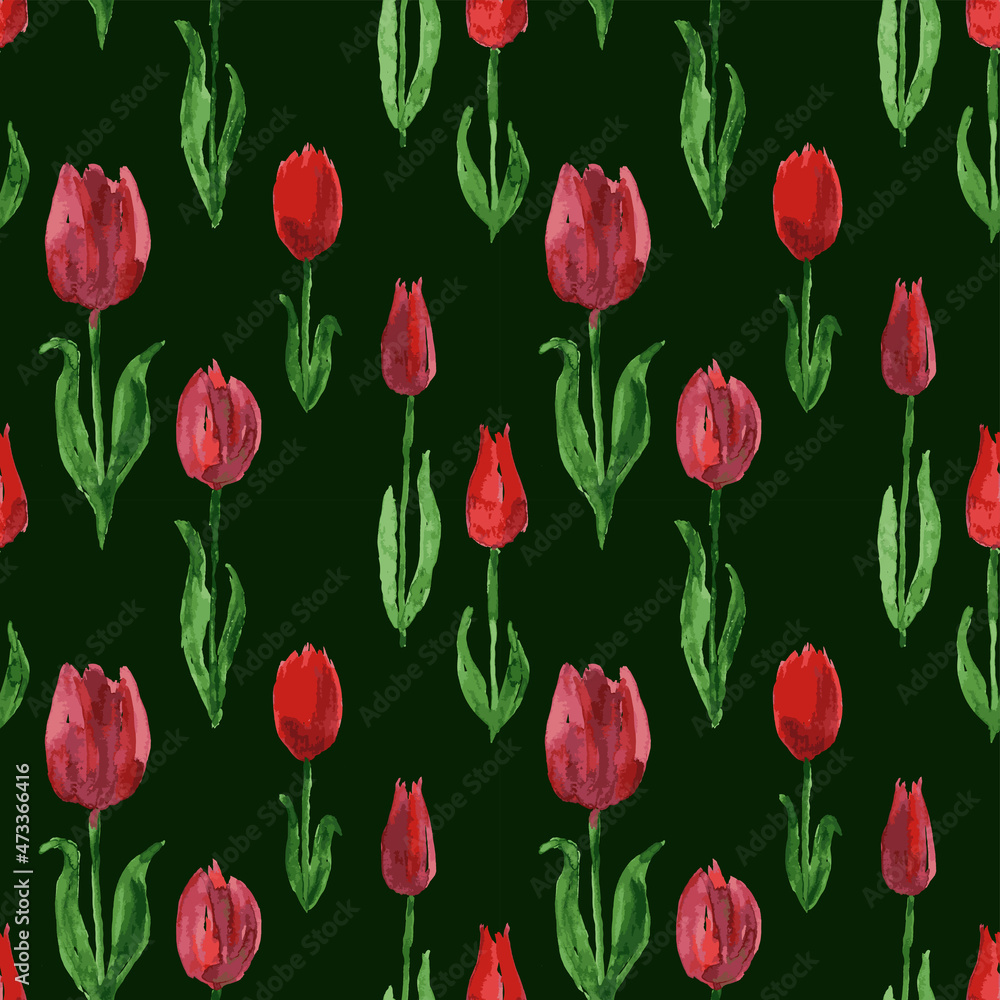 Seamless pattern from watercolor drawings of blooming red tulips Seamless pattern from watercolor drawings of blooming red tulips
