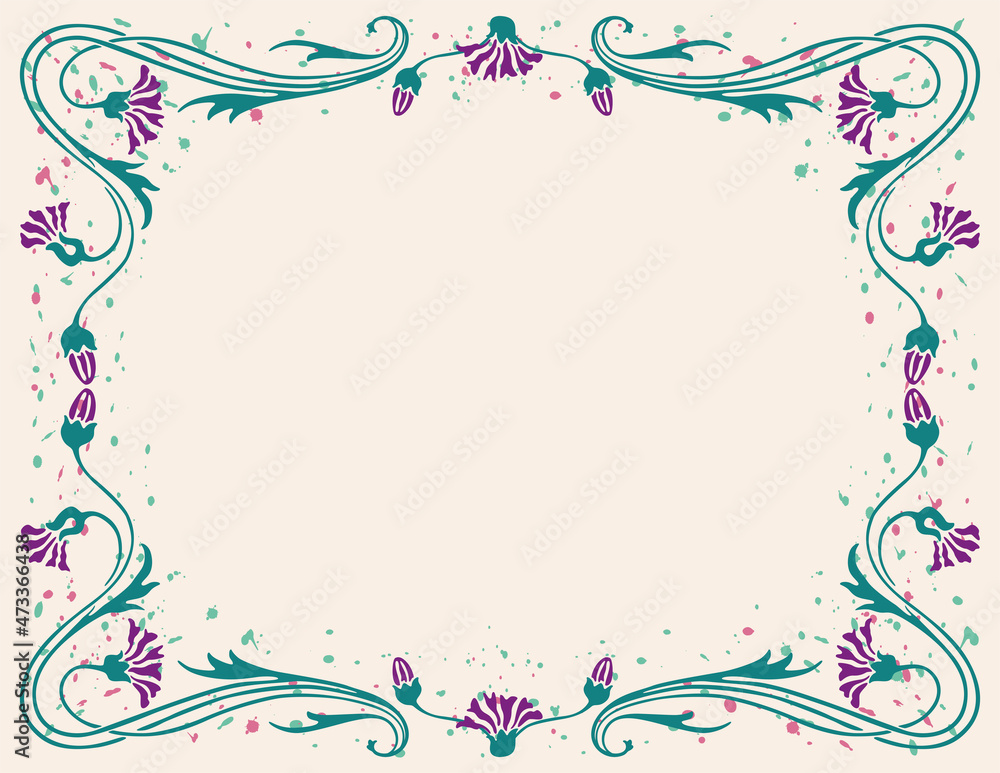 Vector decorative greeting card with frame from vintage flexible cornflowers and paint blots