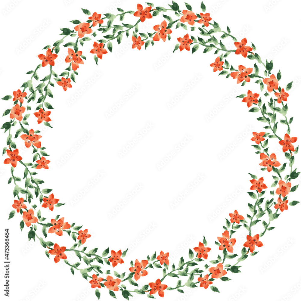 Watercolor vector drawing of decorative wreath from abstract blooming twigs with red flowers and green leaves