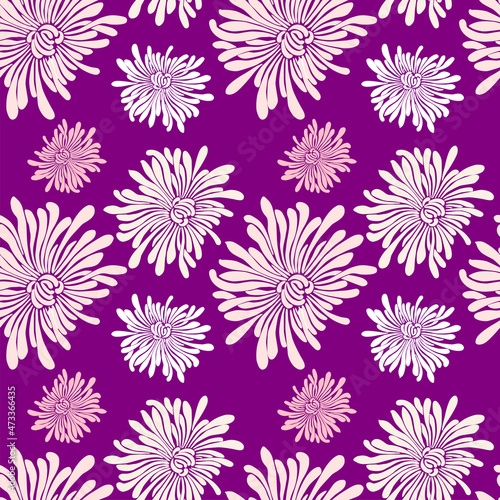 Seamless pattern of silhouettes decorative chrysanthemums